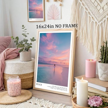 Pink and Blue Coastal Wall Art Cute Preppy Summer Pictures Aesthetic Summer Posters Trendy Beach Pictures Blue Ocean Painting Coastal Cowgirl Artwork Pink Sky Poster for Home Room 16x24inch Frameless - color: C4Unframed