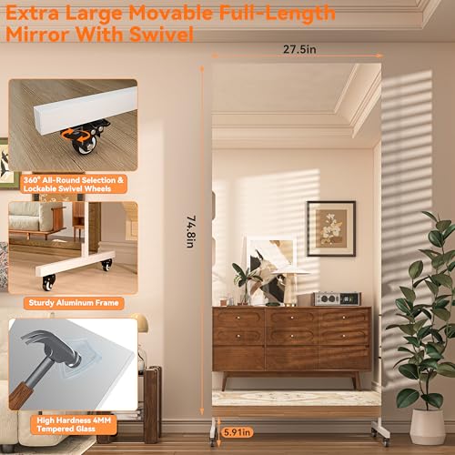 Hasipu 74.8" x 27.5" Full Length Floor Mirror on Wheels, White | Tempered glass, sturdy metal frame, smooth rolling casters, removable stand, ideal for gym, bedroom, dance studio & yoga. - size: 74.8"L x 27.8"W