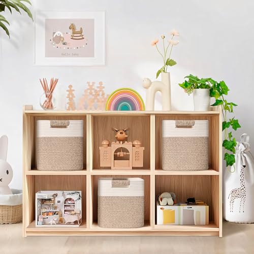 12 Inch Storage Cubes, 3 Pack Cube Storage Bins for Organizing, Cotton Rope Woven Baskets for Shelves, Bathroom, Kids Room, Closets, Baby Nursery - color: Jute & White, size: 12"×12"×12" - 3Pcs