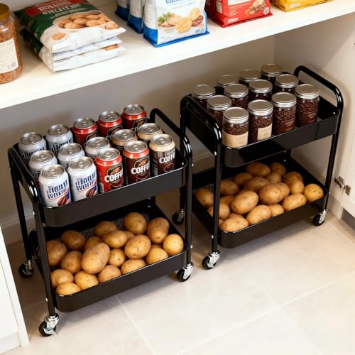 2 Pack Pantry Cart 2 Tier Small Rolling Cart with Wheels for Under Desk Storage, Short Rolling Utility Cart Large Basket Metal Kitchen Shelf with Mesh Laundry Room Organizer Side Table, Black - color: Black, size: 2-tier 2pc