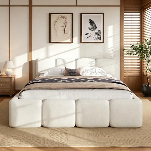 Queen Boucle Block Bed Frame with Headboard & Footboard, White | Low Floor Design, Plush Upholstered, No Box Spring, Sturdy Support, Easy Assembly For Modern Bedroom - color: White, size: Queen