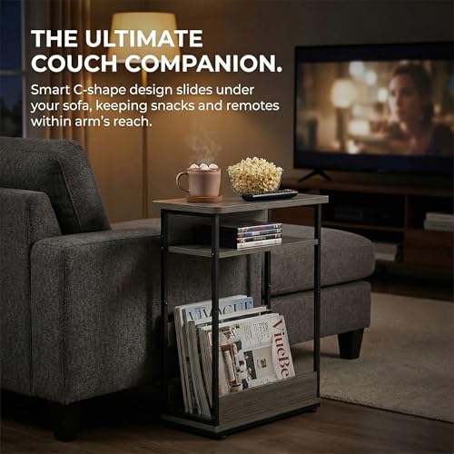 Narrow Side Table,3-Tier Slim End Table with Storage Shelf,Modern Sofa Table Thin Side Table for Narrow and Small Spaces, Skinny Bedside Table Small Nightstand with Magazine Rack Space Saving/Grey - color: Grey