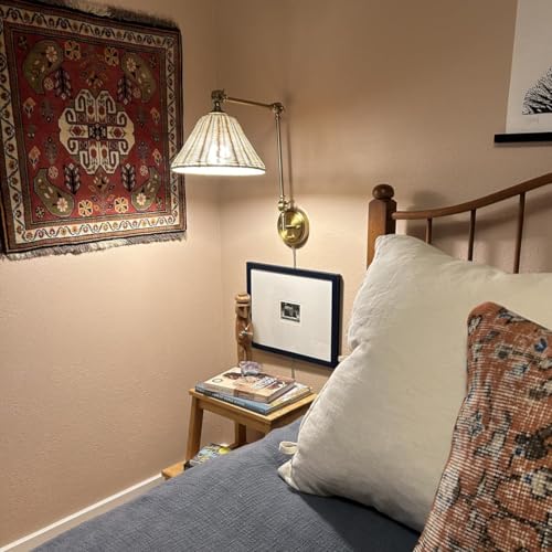 WINGBO Wall Sconce Rattan Wrapped Wall Lamp, Large Lampshade, Adjustable Swing Arm Wall Light Gold Vintage Bedside Light Fixture Wicker Handmade Shade Brass Reading Light Plug in or Hardwire (2 Pack) - color: Gold
