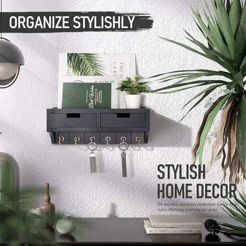 Rebee Vision Key Holder Wall Mount with 2 Drawers for Home Decor, Black | Key Holder for Wall, Mail Organizer, 6 Key Hooks, Shelf, Plant Display, Drawer Organizer, key Hanger Apartment Aesthetic - color: Black, style: 2-Drawer