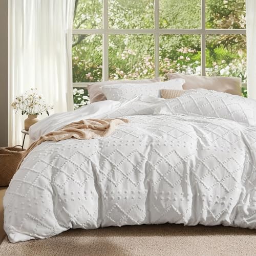 Bedsure White Boho Duvet Cover Full, Soft Vintage Embroidery | 3-Piece, Boho Bedding, Elevated Home Decor, Fade Resistant, Machine Washable, Tufted Texture, Zipper Closure, 8 Corner Ties - color: 01 - White, size: Full (80" X 90")