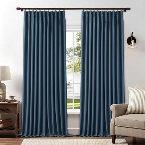 Denim Blue Extra Wide Pinch Pleat Curtains 84 Inch Length for Living Room 72 Inches Wide Full Blackout Linen Curtains Thermal Insulated Window Drapes 72" W x 84" L 1 Panel - color: Denim Blue, size: 72"W x 84"L (Pack of 1)