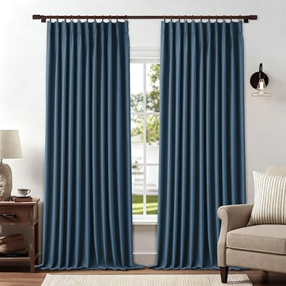 Denim Blue Extra Wide Pinch Pleat Curtains 84 Inch Length for Living Room 72 Inches Wide Full Blackout Linen Curtains Thermal Insulated Window Drapes 72" W x 84" L 1 Panel - color: Denim Blue, size: 72"W x 84"L (Pack of 1)