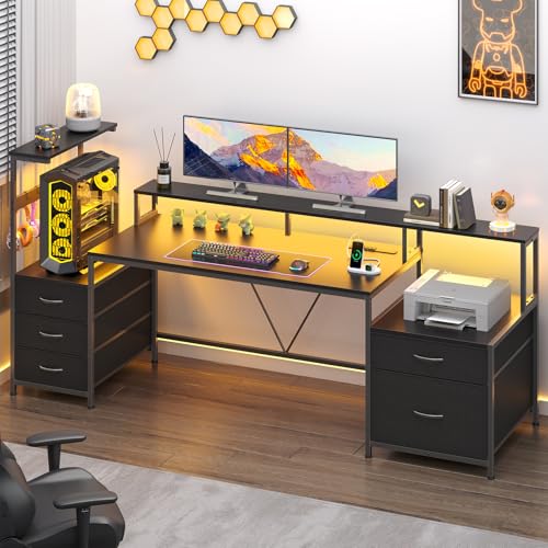 63" Gaming Desk with Drawers, Storage Shelves and Printer Stand | Balck Computer Desk with Monitor Stand and LED Lights, Reversible Home Office Desk with Printer Shelf - color: Black