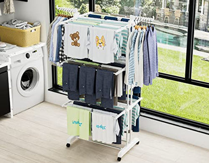 HOMIDEC Clothes Drying Rack, 4-Tier(67.7" H) Foldable Drying Rack Clothing | Foldable Stainless Steel Drying Rack, Movable Laundry Drying Rack with 4 Castors and 14 Hooks for Bed Linen, Clothing, White - color: White