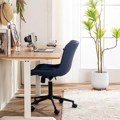YOUTASTE Navy Blue Office Chair, Faux Leather Armless Desk Chair with Wheels, Height Adjustable, Swivel, Rocking, 300 lbs Capacity, Metal Base, for Home Office Vanity, Purple - color: Navy Blue