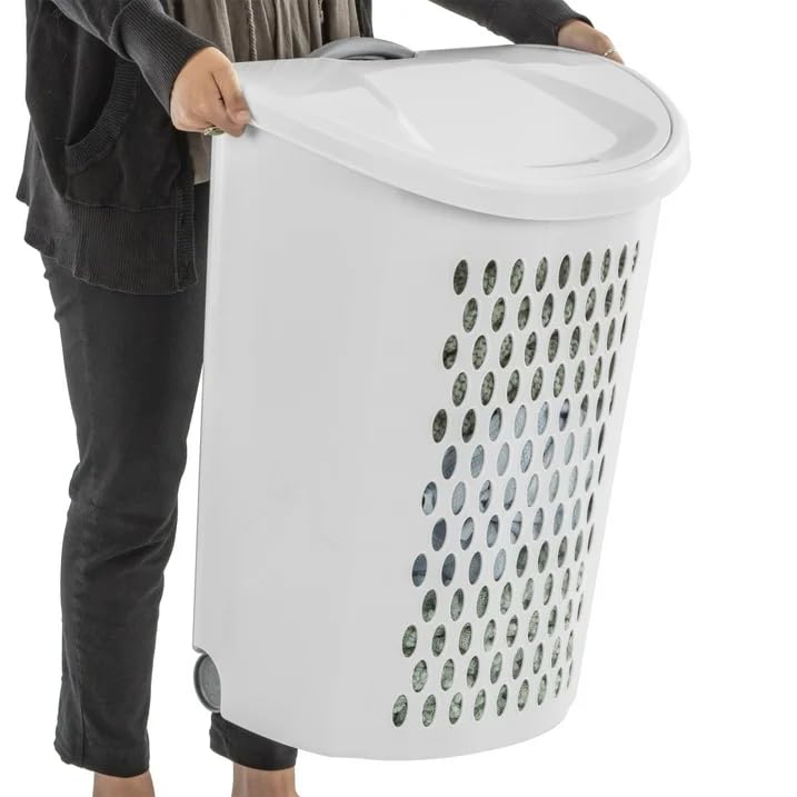 Wheeled Plastic Laundry Hamper,Adult-Sized White Rolling Basket, Large Capacity, Easy-Clean for Home/Laundry Room/Dorms