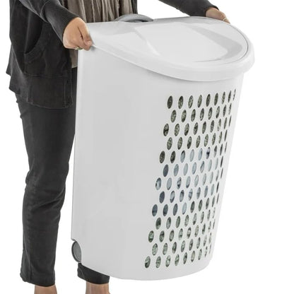 Wheeled Plastic Laundry Hamper,Adult-Sized White Rolling Basket, Large Capacity, Easy-Clean for Home/Laundry Room/Dorms