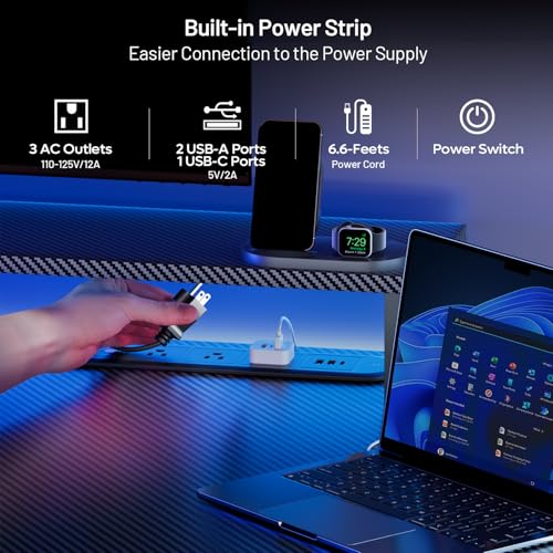 HLDIRECT 55 Inch Gaming Desk with LED Lights & Cable Management, Black | Ergonomic carbon fiber gaming computer desk with 5 sockets, monitor stand, cup holder, headphone hook & mouse pad for gamers - size: 55INCH