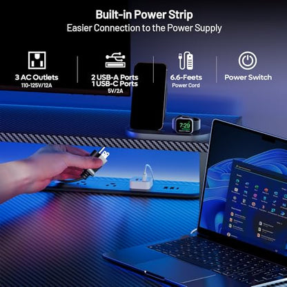 HLDIRECT 55 Inch Gaming Desk with LED Lights & Cable Management, Black | Ergonomic carbon fiber gaming computer desk with 5 sockets, monitor stand, cup holder, headphone hook & mouse pad for gamers - size: 55INCH