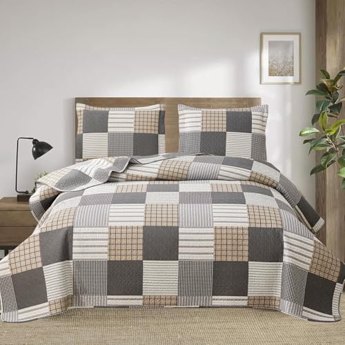 Ycosy Plaid Quilt Set King Size Lightweight Bedspread Set Grey Brown White Patchwork Quilts Reversible Coverlet with 2 Pillow Shams Soft Microfibers for All Season - color: Grey Brown Plaid, size: King