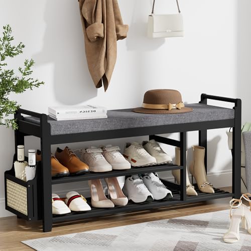 Homaxy 2-Tier Shoe Rack Bench, 39.4 in, Black and Dark Grey | Bamboo Entryway Bench, with Side Holder, Shoe Rack Organizer with Cushion for Front Entrance, Hallway Living Room Bedroom - color: Black and Dark Grey, size: 39.4 in