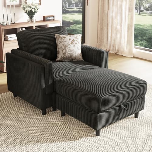 KKL Chaise Lounge with Storage Ottoman, Upholstered Comfy Living Room Chair | Reading Chair with Deep Seat, Single Sofa for Apartments Dorms Offices - color: Black, size: One Seat+Ottoman