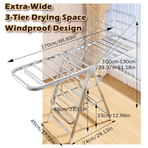 Stainless Steel Foldable Clothes Drying Rack with Adjustable Wings, Windproof Holes & Wheels | Heavy Duty 132 lb Load Capacity | Space-Saving Laundry Rack for Indoor & Outdoor Use
