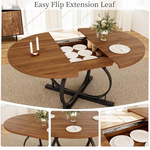 HIPIHOM Extendable Round Oval Dining Table Walnut Seats 4-6 People | 43.3"-59" MDF Table with Hidden Sliding Rails, Space-Saving X-Shaped Metal Frame Perfect for Dining, Apartment, Small Spaces - color: Walunt Table, size: Round Table Only
