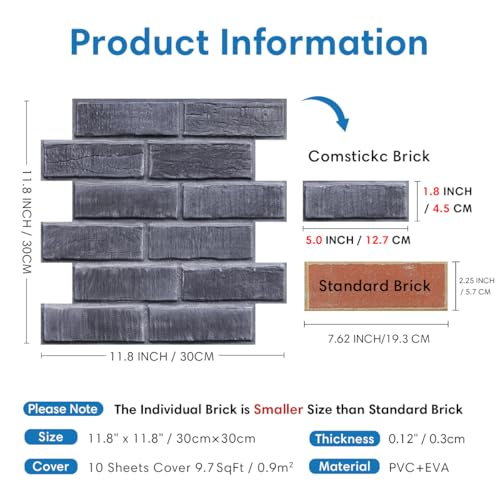 3D Faux Brick Wall Panels Peel and Stick, 10 Pcs 11.8" x 11.8" - color: Gray