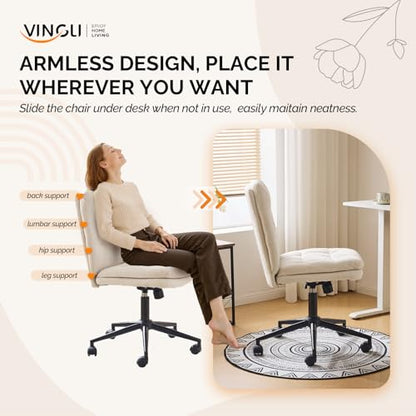 VINGLI Mid Back Armless Office Desk Chair with Wheels/no Wheels,360°Rocking Swivel Vanity Chair with Thickened Cushion,Adjustable Height Rolling for Reading Room, Make up,Linen Beige - color: Beige