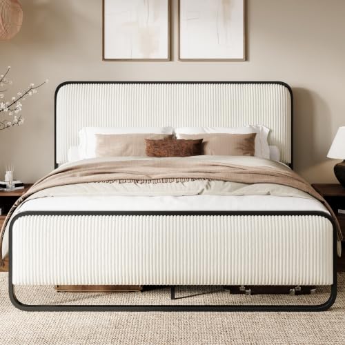 SHA CERLIN Full Size Metal Bed Frame with Upholstered Headboard, Cream | Curved Upholstered Headboard and Footboard, Large Under Bed Storage, No Box Spring Needed - color: Cream, size: Full