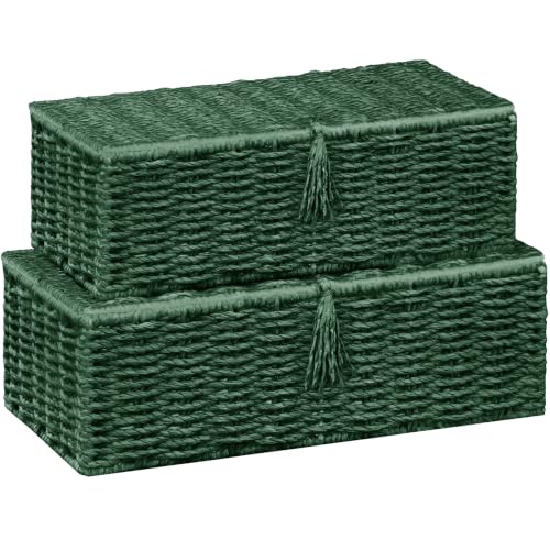 Wicker Shelf Baskets with Lid, Set of 2 Handwoven Wicker Storage Baskets for Shelves, Rectangular Storage Bins with Lids, Decorative Storage Boxes, Small Wicker Baskets for Organizing, Green - color: Green