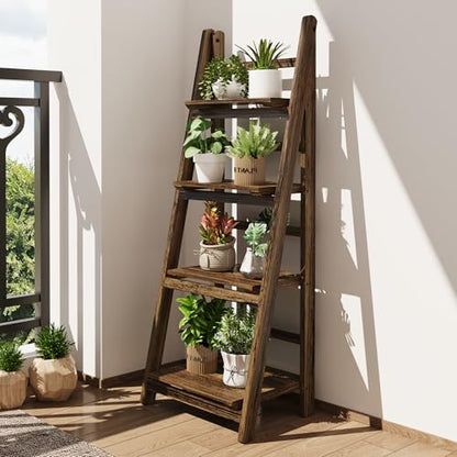 Ladder Shelf 4-Tier Foldable Solid Wood Bookshelf Plant Stand | Folding Wooden Ladder Bookshelf, Plant Stand for Small Space, Display Rack for Living Room, Bedroom, Balcony, Rustic Brown - color: 4-tier/Dark Brown