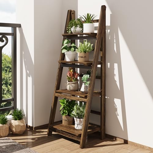 Ladder Shelf 4-Tier Foldable Solid Wood Bookshelf Plant Stand | Folding Wooden Ladder Bookshelf, Plant Stand for Small Space, Display Rack for Living Room, Bedroom, Balcony, Rustic Brown - color: 4-tier/Dark Brown