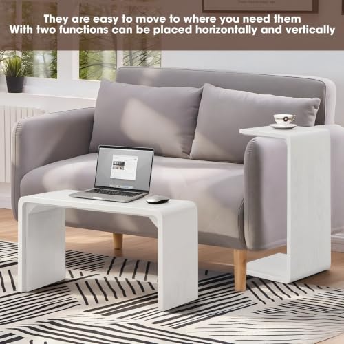 Solid Wood C Shaped Sofa Side Table, Small End Table for Couch, Modern Simple Narrow Table for Small Spaces, Mini Coffee Table for Living Room, Bedroom, Bedside (Whitewash) - color: Whitewash