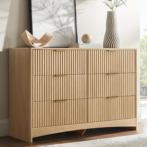 Amada Fluted 6 Drawer Dresser, Modern Wood Chest of Drawers with Rounded Corners, Pre-Installed Drawer Slides, Dresser TV Stand and Storage Organizer for Bedroom, Nursery, Natural Oak - color: Natural Oak, size: 15.5"D x 47.2"W x 31.5"H (6 Drawers)