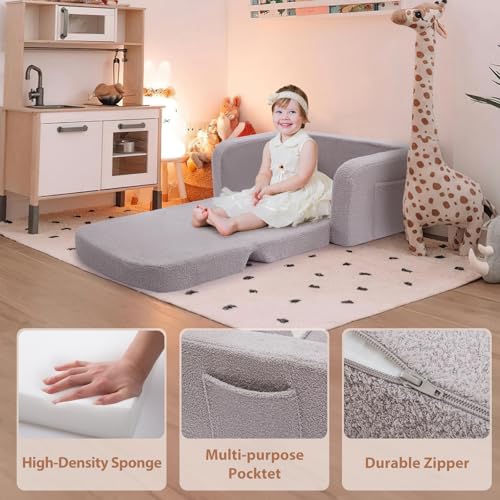 Foryoomi Extra Wide Kids Couch, 2-in-1 Soft Toddler Couch with Blanket, Comfy Toddler Chair, Convertible Sofa with Cute Rainbow Design, Grey - color: Grey Rainbow