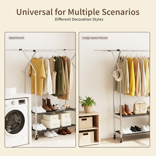 HAPPY CHEERS Heavy Duty Clothes Rack,Double Rods Clothing Rack for Hanging Clothes,Rolling Clothing Racks with Wheels,Metal Garment Rack for Bedroom Laundry Living Room,Silver | Double Rods Clothing Rack for Hanging Clothes, Rolling Clothing Racks with Wh