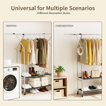 HAPPY CHEERS Heavy Duty Clothes Rack,Double Rods Clothing Rack for Hanging Clothes,Rolling Clothing Racks with Wheels,Metal Garment Rack for Bedroom Laundry Living Room,Silver | Double Rods Clothing Rack for Hanging Clothes, Rolling Clothing Racks with Wh