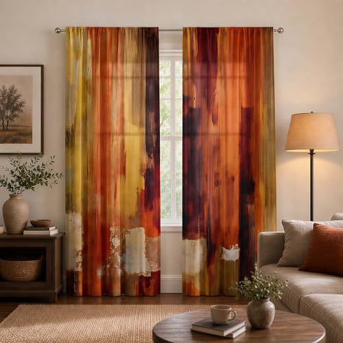 Burnt Orange Curtains for Living room Abstract Orange Curtain Room Darkening 84 inch Length 2 Panels Set,Rod Pocket Rust Art Painting Semi-Transparent Curtains for Modern Decorative for Bedroom - color: Burnt Orange Abstract, size: 52"W x 84"L (Pack of 2)