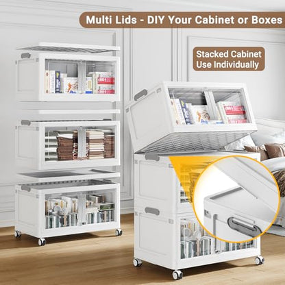BROVIEW 800Qt Extra Large Stackable Storage Bins with Lids, 5-Pack White | 200Gal Collapsible Storage Bin with Wheels Clear Door, Folding Plastic Closet Organizers and Storage Drawers for Home Kitchen