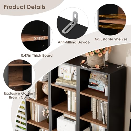 FOTOSOK 2 Pcs 71'' Tall Narrow Bookshelf, 8-Tier Media Tower Rack Set of 2 | CD DVD Storage Cabinet with Adjustable Shelves, Tall Narrow Bookcase Skinny Display Bookshelf Slim Shelf, Black/Brown - color: Black/Brown