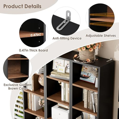FOTOSOK 2 Pcs 71'' Tall Narrow Bookshelf, 8-Tier Media Tower Rack Set of 2 | CD DVD Storage Cabinet with Adjustable Shelves, Tall Narrow Bookcase Skinny Display Bookshelf Slim Shelf, Black/Brown - color: Black/Brown
