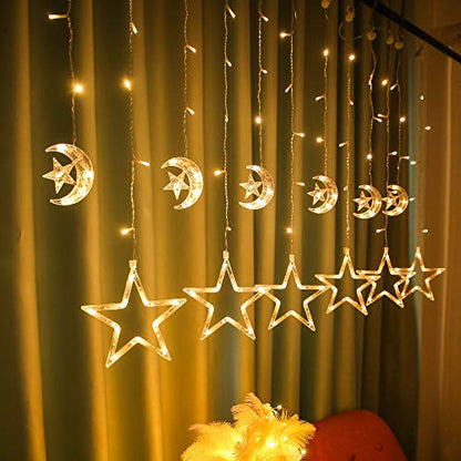 FUCHSUN 138 Led Curtain String Lights Ramadan Icicle Light, Crescent Star | 8 Lighting Modes Timer, Dimmable Fairy Hanging Lights for Window Wall Home Decoration, USB Operated, Warm White - size: Crescent and Star