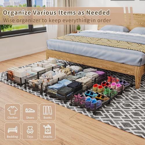 47.2'' Long Under Bed Storage on Wheels, 57.6L Large Capacity Rolling Under the Bed Storage Containers, Tool-Free Assembly Foldable Underbed Shoes Clothes Toy Drawers - size: 1 Pack (47.2×15.7")