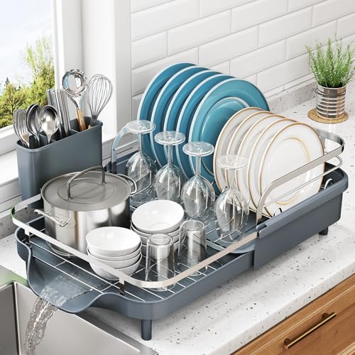 SNTD Expandable Dish Drying Rack for Kitchen Counter, 15.2-22.1 in, Gray | Rust-Resistant Stainless Steel, Protective Side Rails, Self-Draining Drainboard, Removable Utensil Holder - color: Gray