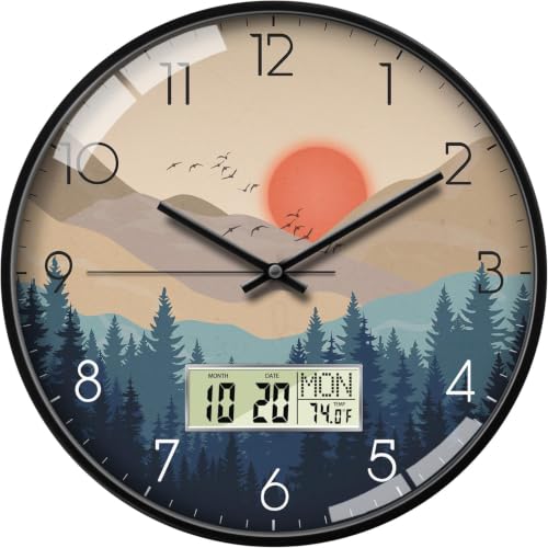 12" Wilderness Sunset Wall Clock, Analog Clock with Digital Display | Silent Non-Ticking, Battery Operated, Shows Date Day & Temperature, Decorative for Living Room, Bedroom, Kitchen, Office - color: Beige, size: 12inch