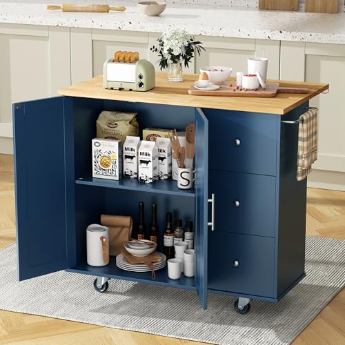 JY QAQA 40" Kitchen Island Cart Furniture cart on Wheels Rolling Portable Dining Room Serving Utility Carts Mobile Movable with Drawers Cabinet,Blue