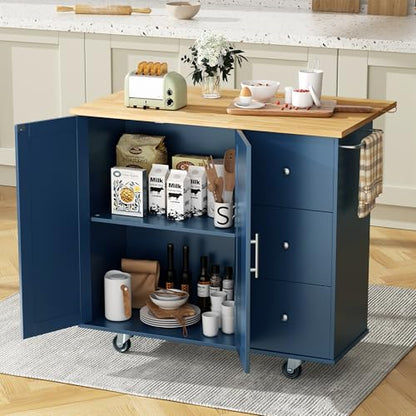 JY QAQA 40" Kitchen Island Cart Furniture cart on Wheels Rolling Portable Dining Room Serving Utility Carts Mobile Movable with Drawers Cabinet,Blue