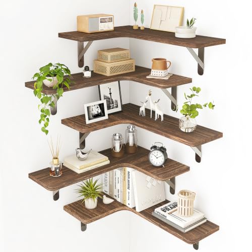 Fixwal Conner Floating Shelves for Wall Decor, Dark Carbonized Black 5pcs | Solid wood shelf with metal brackets, holds 40 lbs. Optimizes corner storage. Fits bathroom, kitchen, bedroom & living room. - color: 2-dark Carbonized Black