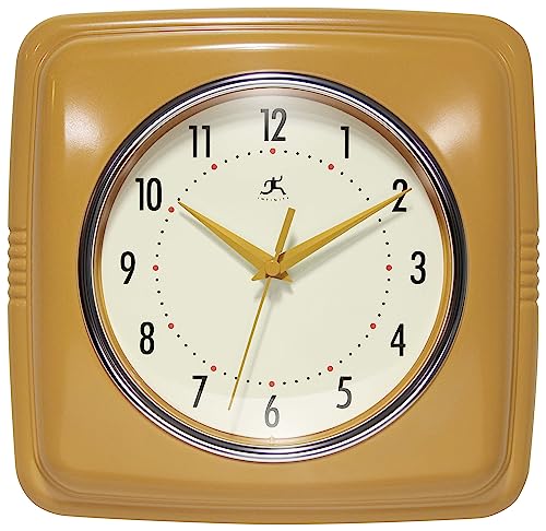 Infinity Instruments Retro – 9-Inch Square Silent Non-Ticking Mid-Century Modern Wall Clock – Vintage Decorative for Kitchen, Office, or Diner – Saffron - color: Saffron