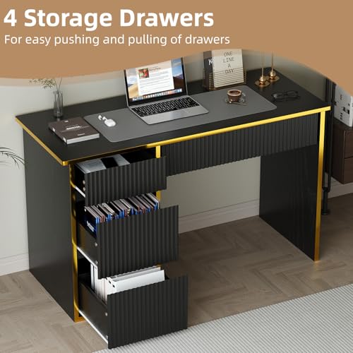 4 EVER WINNER 47-Inch Fluted Computer Desk with 4 Drawers, Black and Gold | Compact Home Office Desk with 4 Storage Drawers, Including a Deep File Drawer, for Bedroom, Study or Small Spaces - color: Black