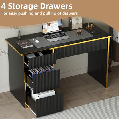 4 EVER WINNER 47-Inch Fluted Computer Desk with 4 Drawers, Black and Gold | Compact Home Office Desk with 4 Storage Drawers, Including a Deep File Drawer, for Bedroom, Study or Small Spaces - color: Black