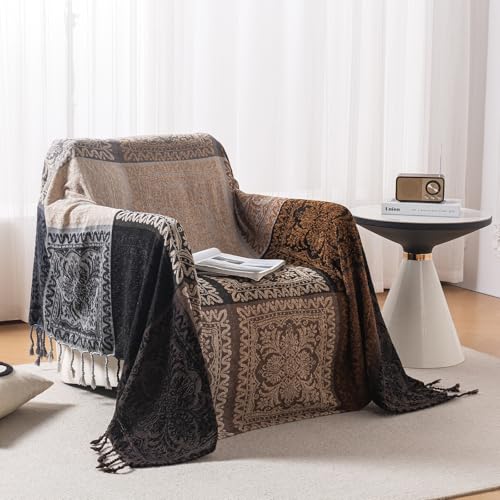 Boho Throw Blanket, Chenille Jacquard Tassels Throw Blankets for Bed Couch Soft Chair， Bohemian Fringe Tassels (Black, S:60x75) - color: Black, size: Small (60 x 75 in)