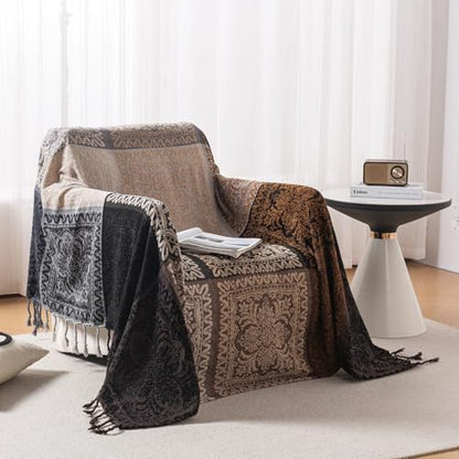 Boho Throw Blanket, Chenille Jacquard Tassels Throw Blankets for Bed Couch Soft Chair， Bohemian Fringe Tassels (Black, Large 86 * 102Inches) - color: Black, size: Large (86 x 102 in)